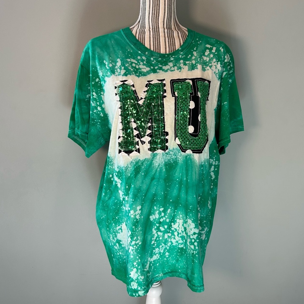 Marshall University Bleach Tie Dyed Sequins Game Day T-shirt Unique Boutique L